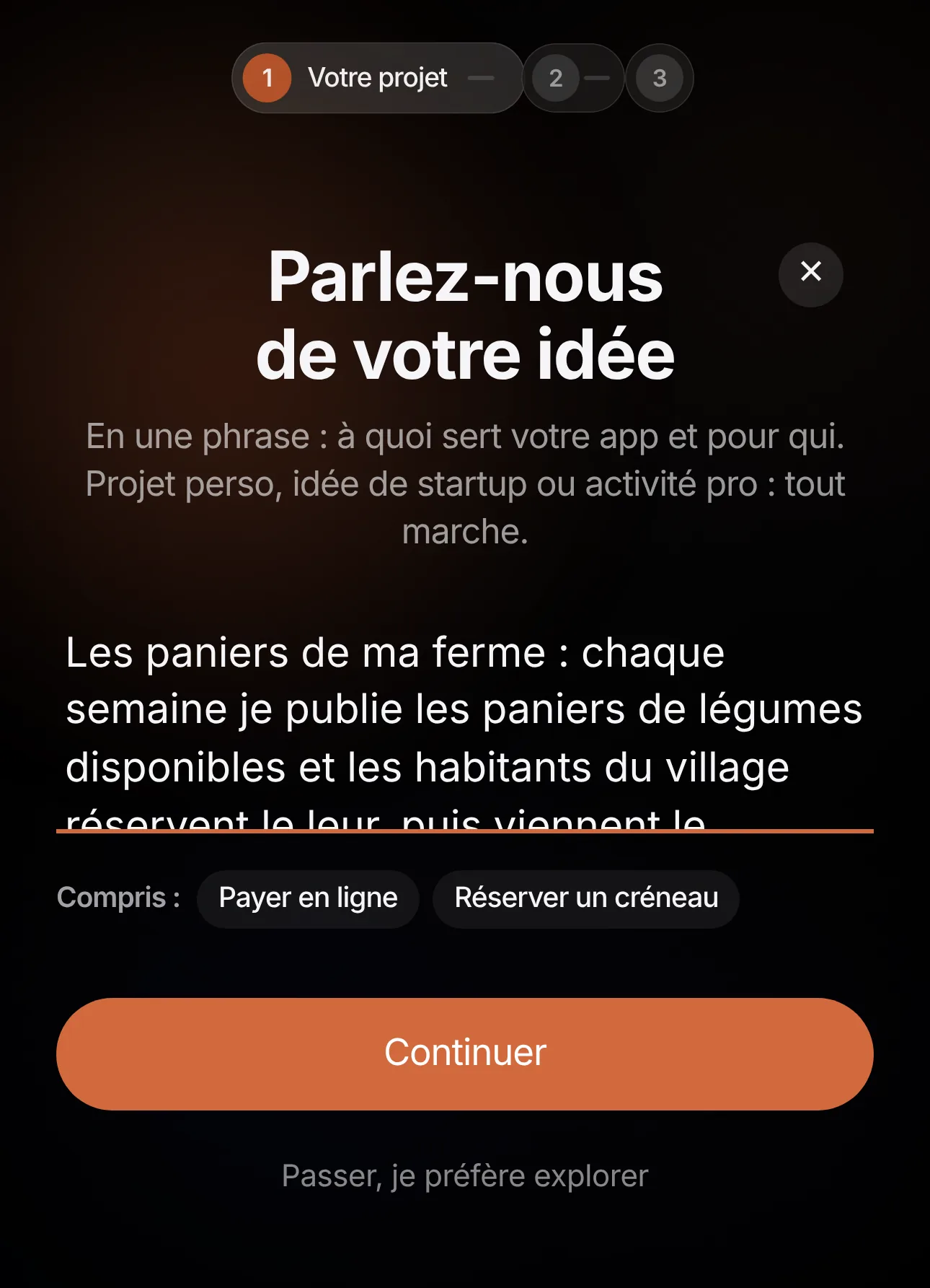 Écran « Parlez-nous de votre idée » : l'idée des paniers de la ferme tapée, Yatsury affiche ce qu'il a compris