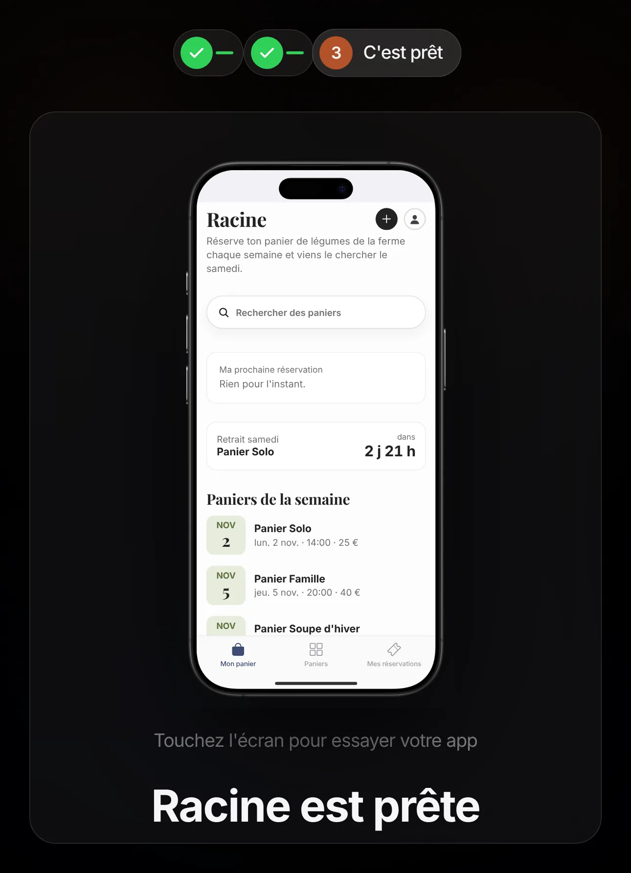 Écran « Racine est prête » : l'app des paniers de la ferme tourne dans le téléphone