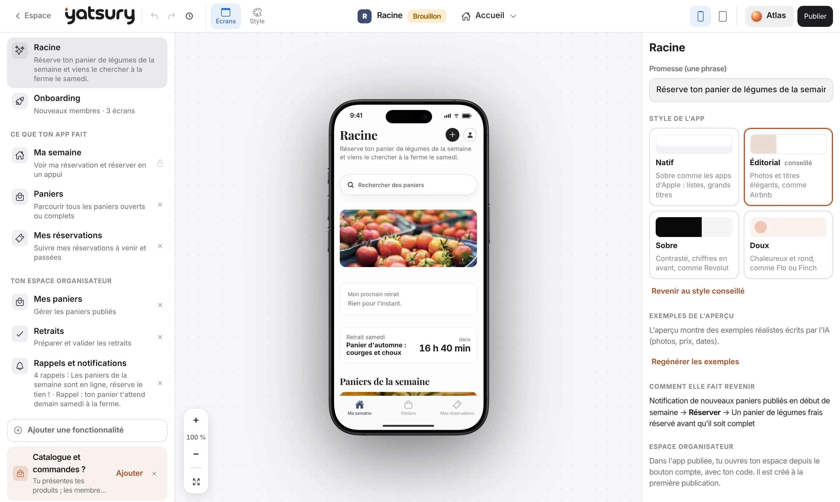 Le studio sur ordinateur : ce que l'app fait et l'espace organisateur à gauche, l'app Racine au centre, le choix du style à droite